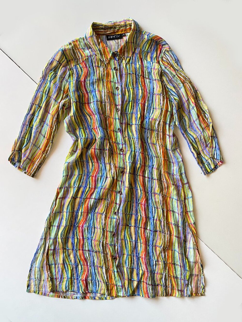 APNY Colorful Striped Tunic Dress Shirt Size S Cupro Viscose Lightweight Boho
